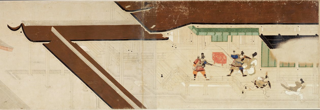 Illustrerad berättelse om Heijis uppror (1159-1160) (Visite imperiale a Rokuhara) (Illustrerad berättelse om inbördeskriget, Det kejserliga besöket i Rokuhara) - Anonymt verk, akvarell och bläck på papper, första rulle av School Japanese