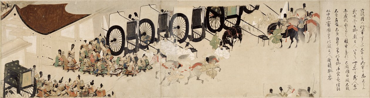 Illustrerad berättelse om Heijis uppror (1159-1160) (Visite imperiale a Rokuhara) (Illustrerad berättelse om inbördeskriget, Det kejserliga besöket i Rokuhara) - Anonymt verk, akvarell och tusch på papper, sjätte rullen av School Japanese