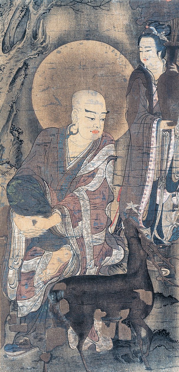 Religiös målning föreställande ung munk med doe, målning på siden, japansk civilisation, Heian-perioden, 794-1185 av School Japanese