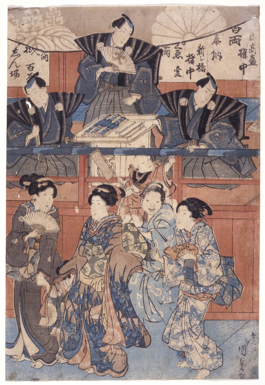 Scen framför Shrine Collection Scenen (träsnitt i färg) av School Japanese