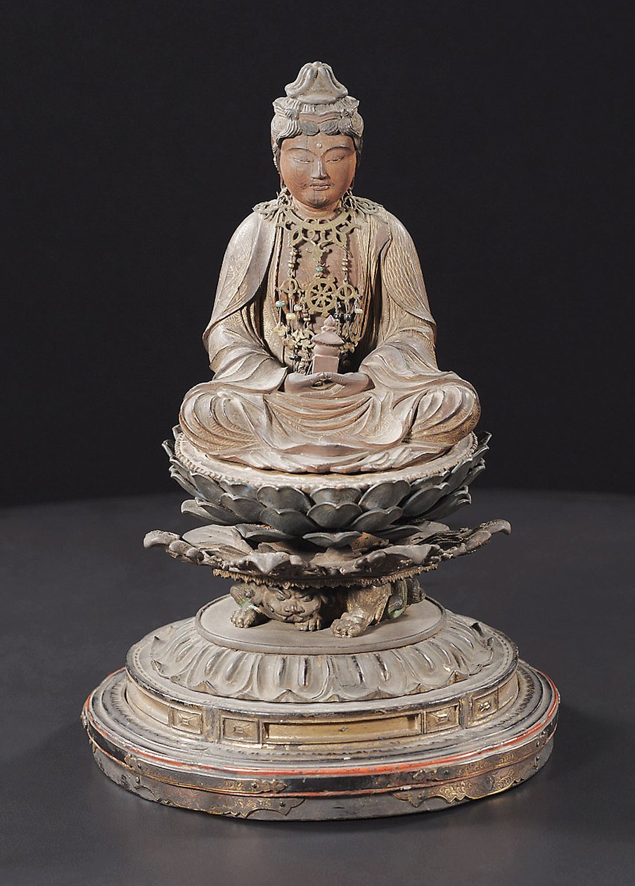 Sittande Miroku Bosatsu, Kamakura Period (trä, metall, bladguld, pigment och bergskristall) av Japanese School