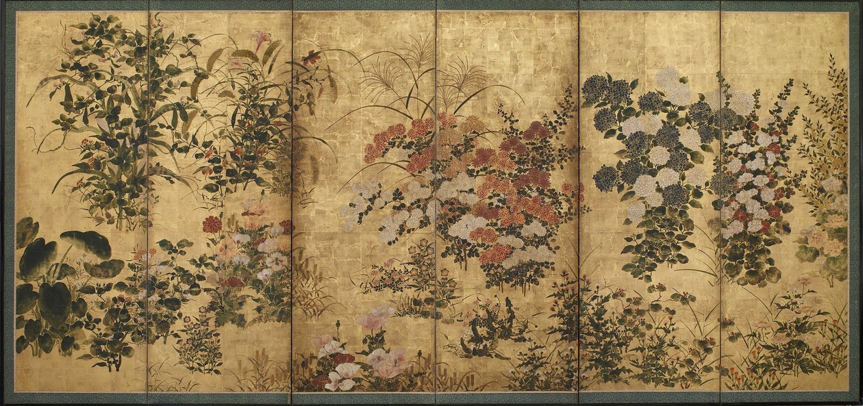 Sommar- och höstblommor, Edo-period (färg över guld på papper) av Japanese School