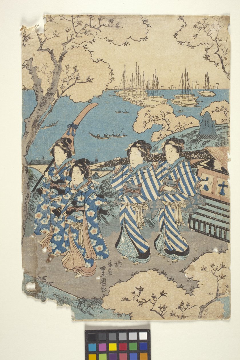 Toto: Flower-Viewing At Gotenyama, 2 (del av triptyk) (träsnitt i färg) av School Japanese