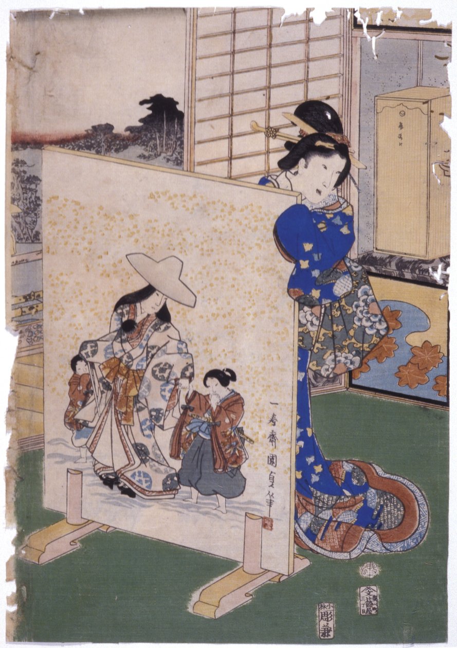 Kvinna står bakom Tsuitate med målning S. "Kunisada" (träsnitt i färg) av School Japanese