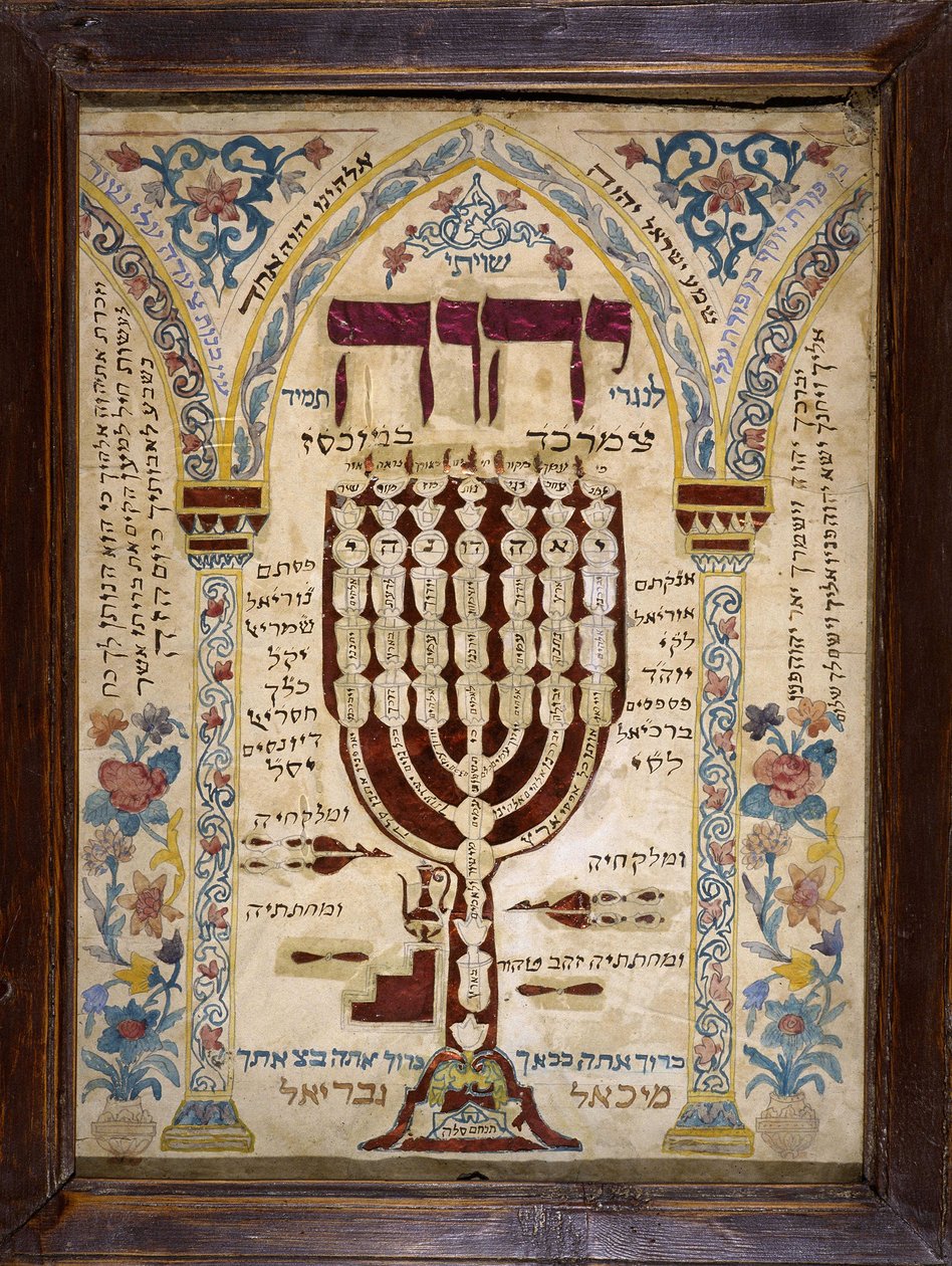 Alsace Misrach som anger Jerusalems riktning i de judiska husen och representerar Menoran eller Menora (sjuuddig ljusstake). Musée d