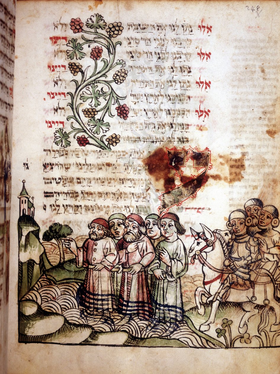 Bibelscen: Judar korsar Röda havet. Page of a Machazor, bönebok på hebreiska. manuskript sd. av School Jewish