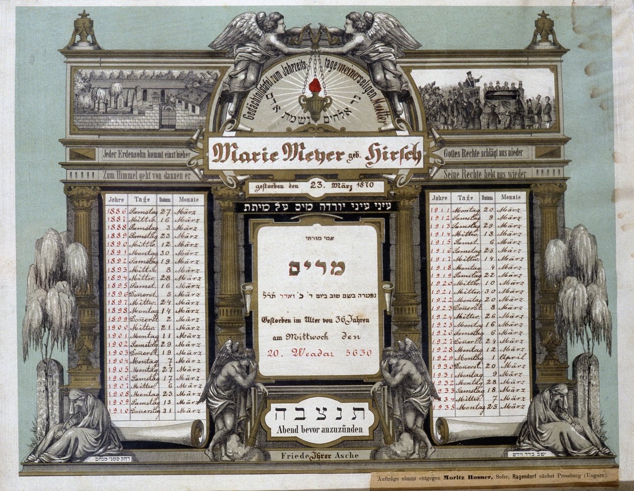 Minneskalender för framtida bårhustjänster för en avliden nära släkting. Jahrzeit målning. Judiska museet i Basel, Schweiz. av School Jewish