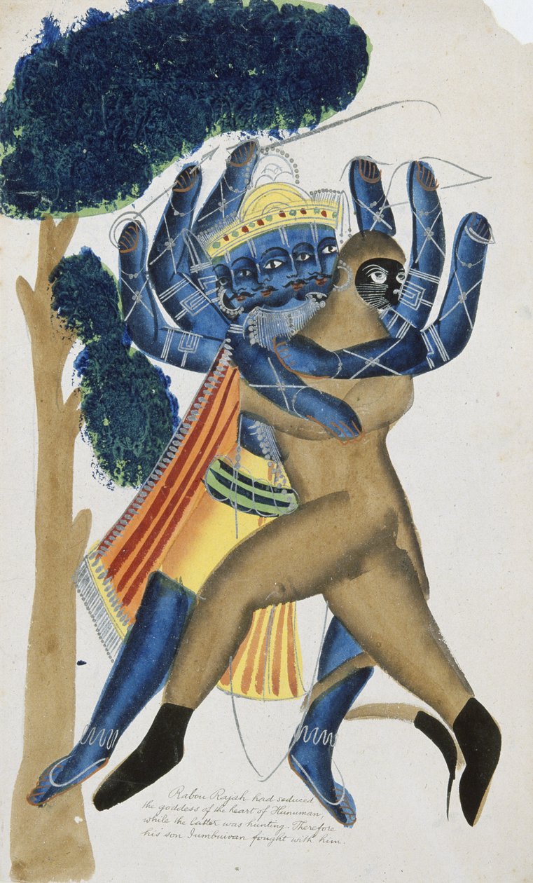 Ravana, demonkungen av Ceylon, i kamp mot Hanumans son (akvarell på papper) av School Kalighat