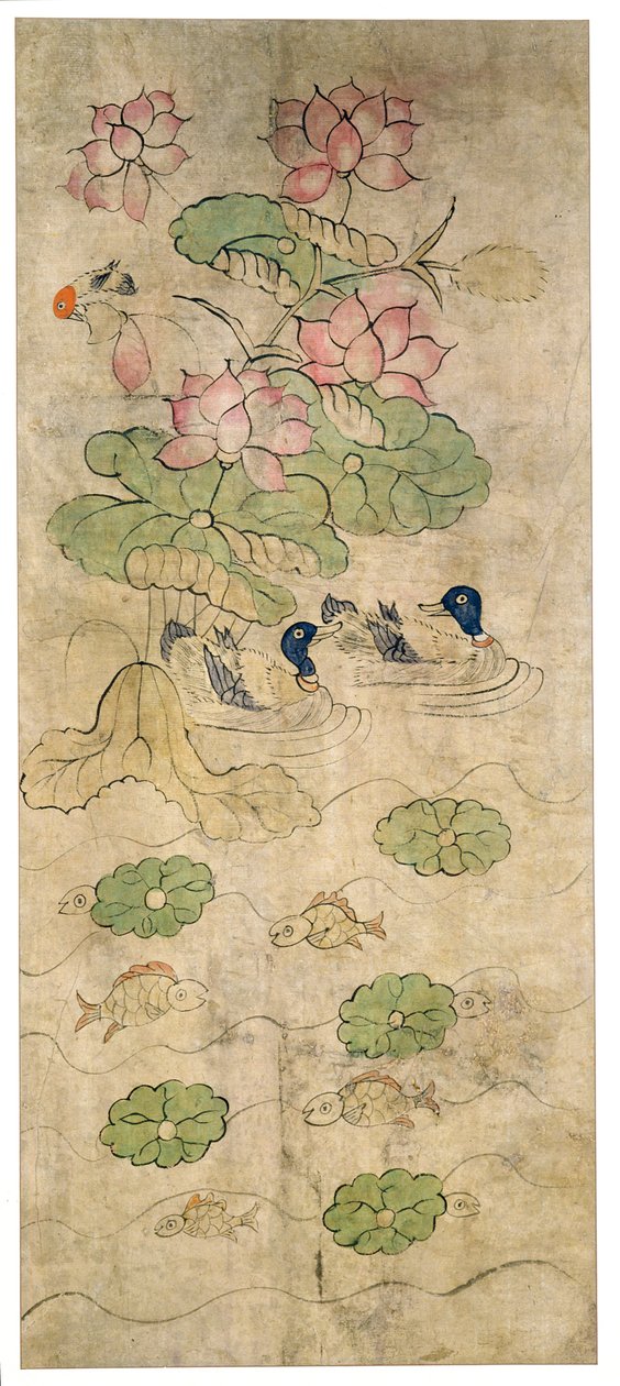 En panel från en åttafaldig skärm (naturliga pigment på papper) av School Korean