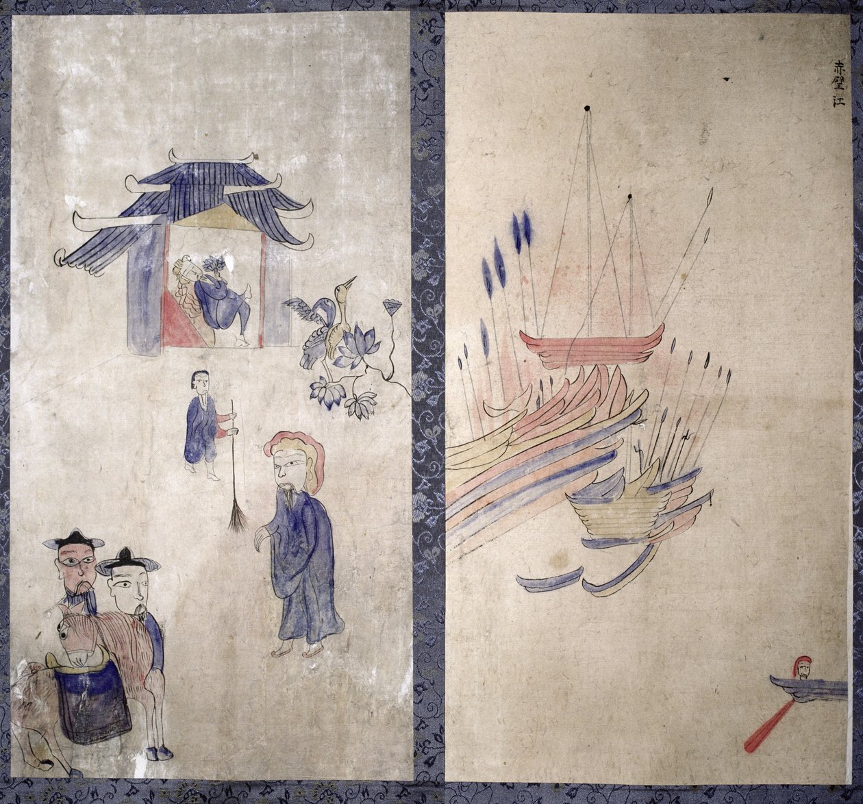 En panel från en åttafaldig skärm som skildrar en berättelse om de tre rikena (naturliga pigment på papper) av School Korean