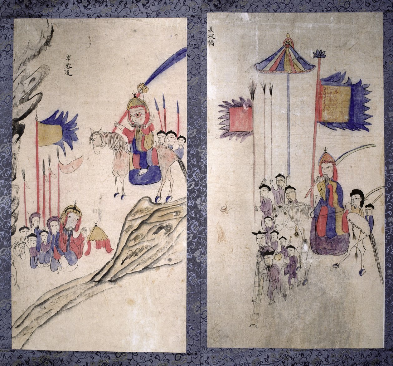 En panel från en åttafaldig skärm som skildrar en berättelse om de tre rikena (naturliga pigment på papper) av School Korean
