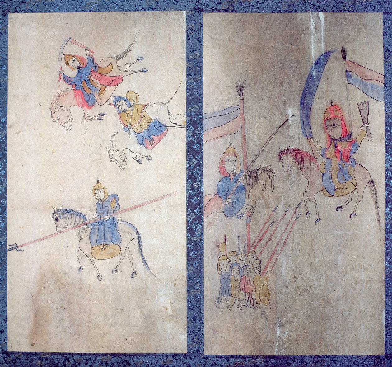 En panel från en åttafaldig skärm som skildrar en berättelse om de tre rikena (naturliga pigment på papper) av School Korean