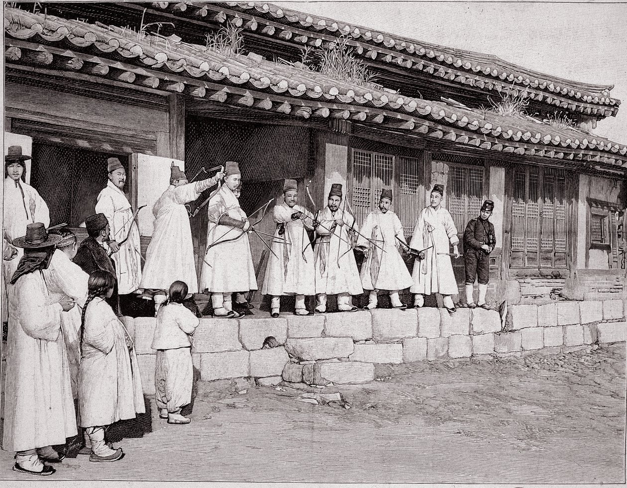 Bågskyttar i det gamla palatset i Seoul, Korea, slutet av 1800-talet av School Korean