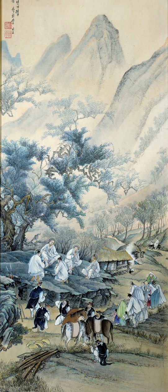 Coreen Art: Civila Coreens kom från europeiska katolska missionärer som dödades av förtryck under evangelisationen i Korea på 1800-talet medan gendarmerna dricker alkohol. Missionärer representeras med aureolerna som katolska helgon. P av School Korean