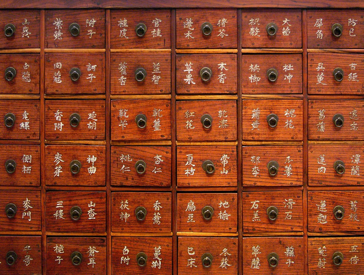 Detalj av en medicinsk trämöbel, Joseon-perioden, Coree, Kim Chong-hak Collection. Fotografi, Seouls nationalmuseum, Republiken Korea, 2006. av School Korean