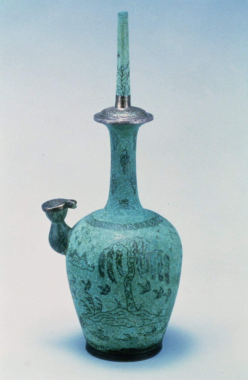 Kundika inlagd med design föreställande fåglar och ett träd i silver, Koryo-dynastin, 918-1392 AD (brons) av School Korean