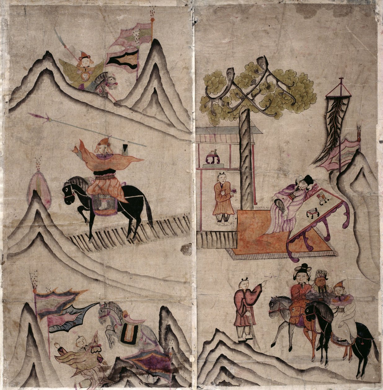 Två paneler av en åttafaldig skärm föreställande "A Story of Three Kingdoms" (naturliga pigment på papper) av School Korean