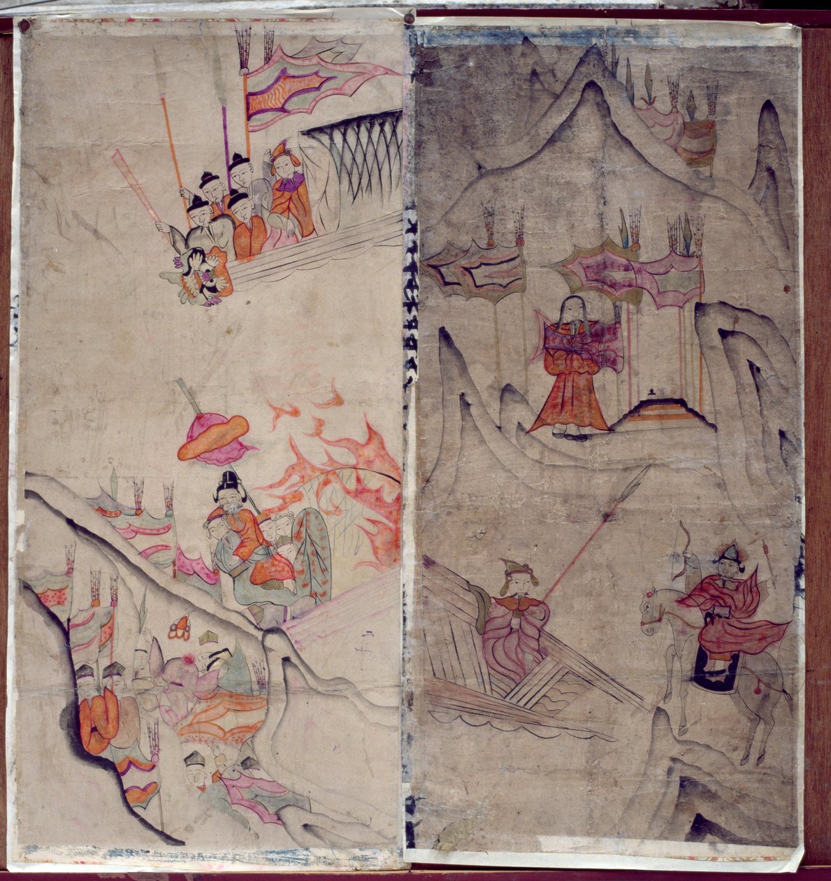 Två paneler av en åttafaldig skärm föreställande "A Story of Three Kingdoms" (naturliga pigment på papper) av School Korean
