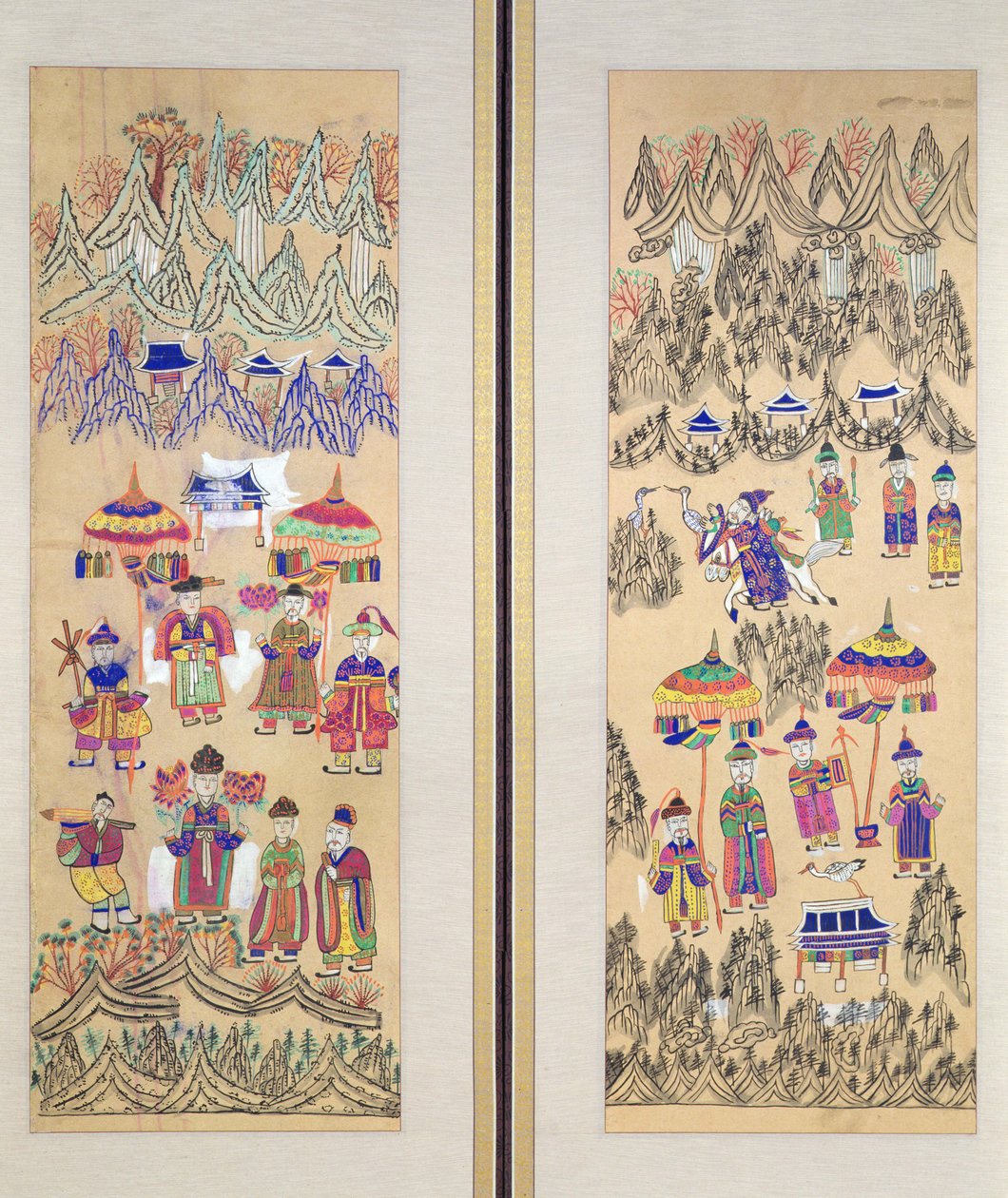 Två paneler av en åttafaldig duk föreställande "Målningar av shamanism" (färger på papper) av School Korean
