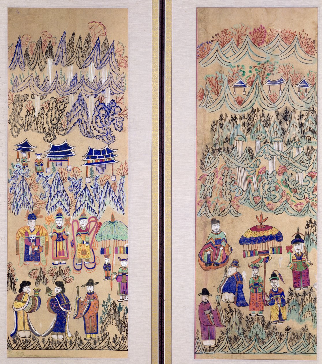 Två paneler av en åttafaldig skärm föreställande "Målningar av shamanism" (naturliga pigment på papper) av School Korean