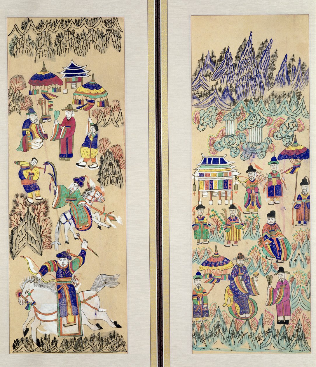 Två paneler av en åttafaldig skärm föreställande "Målningar av shamanism" (naturliga pigment på papper) av School Korean