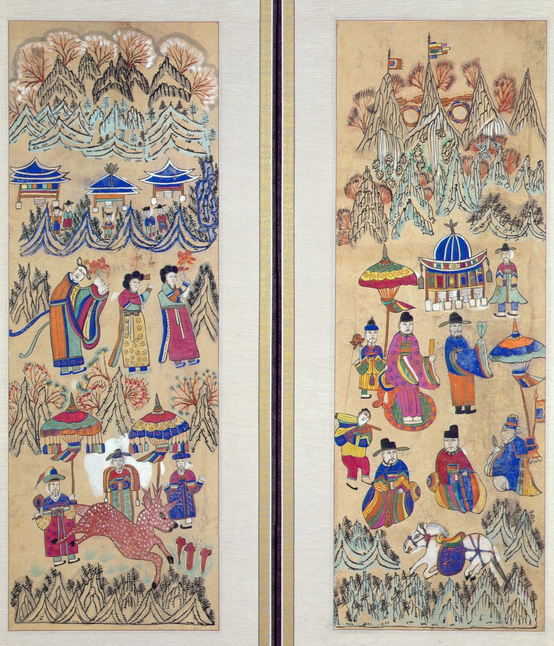 Två paneler av en åttafaldig skärm föreställande "Målningar av shamanism" (naturliga pigment på papper) av School Korean
