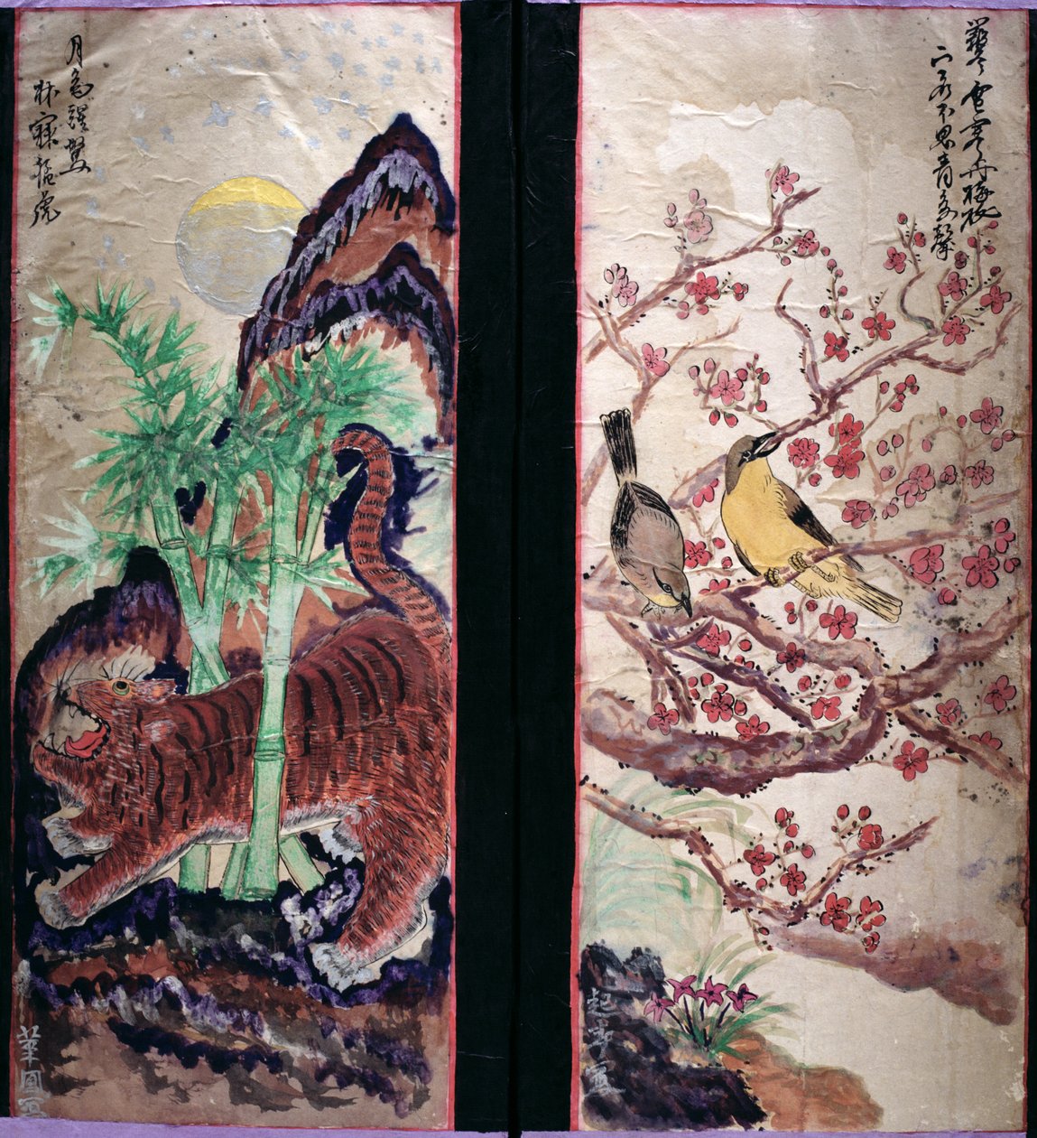 Två paneler av en åttafaldig skärm föreställande fåglar och blommor (naturpigment på papper) av School Korean