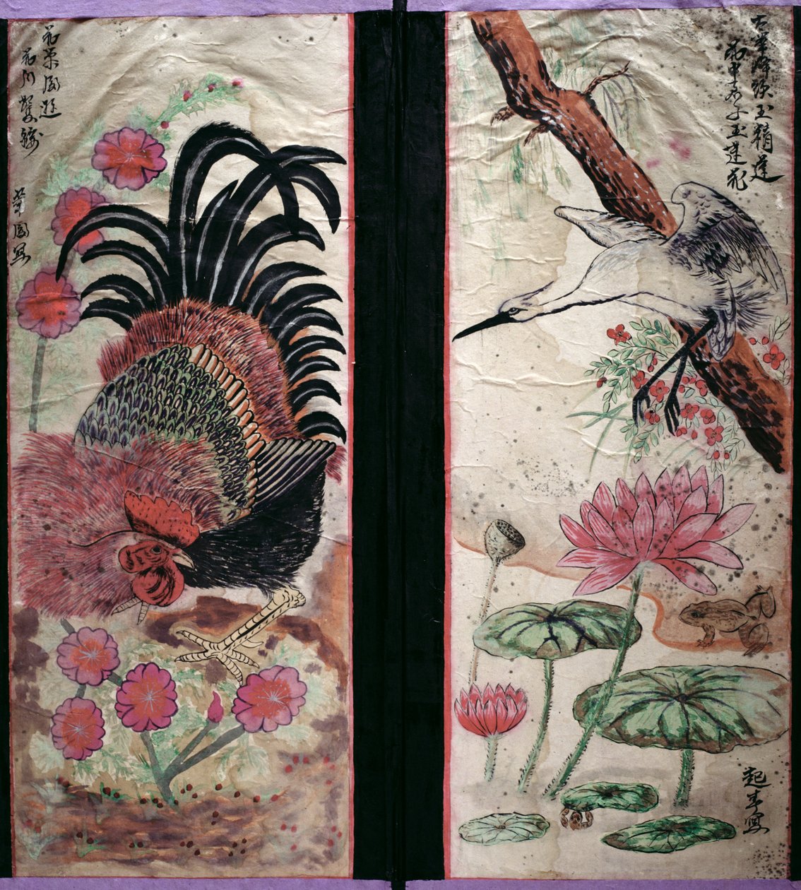 Två paneler av en åttafaldig skärm föreställande fåglar och blommor (naturpigment på papper) av School Korean