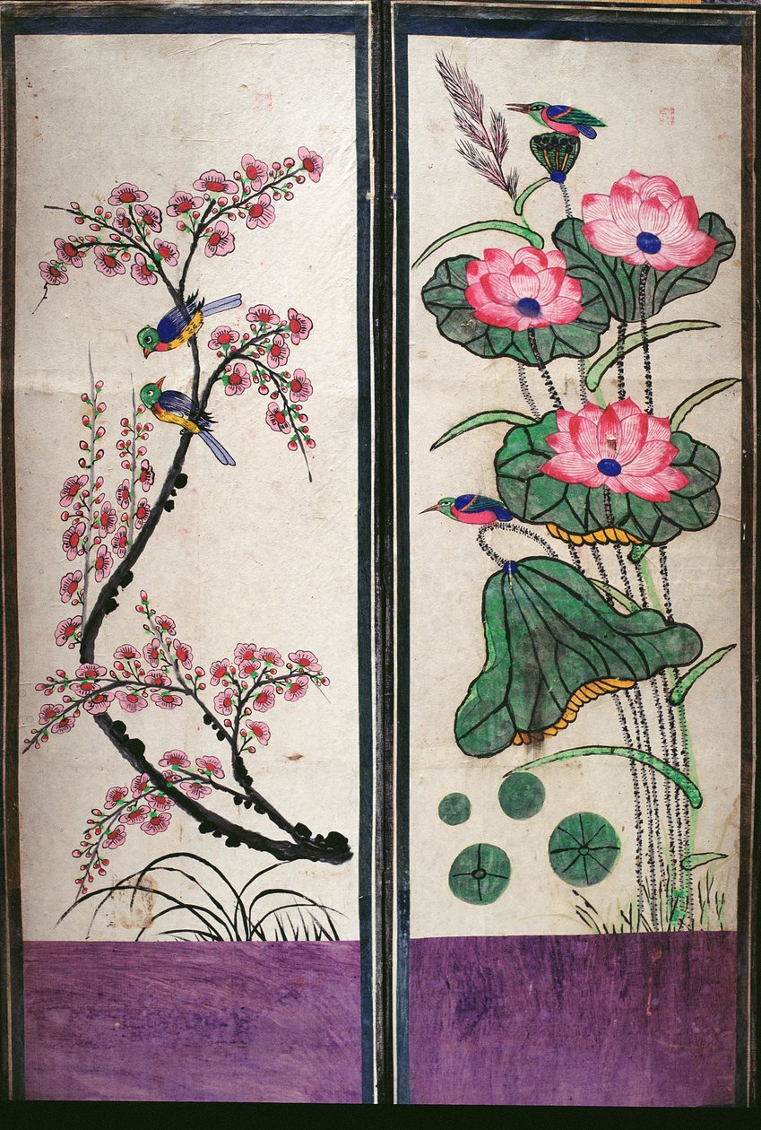 Två paneler av en åttafaldig skärm föreställande fåglar och blommor (naturpigment på papper) av School Korean