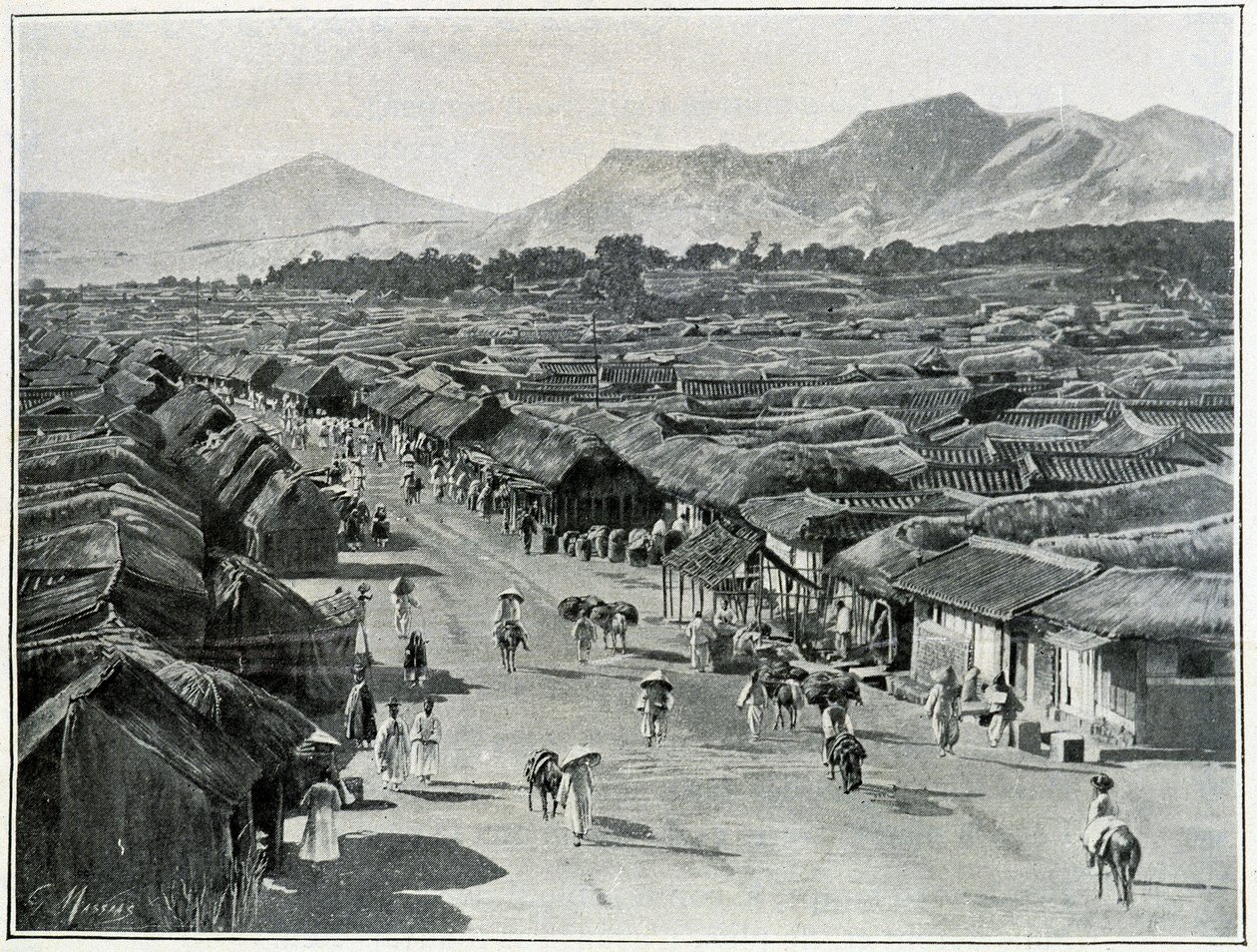 Utsikt över huvudgatan i Seoul, Koreas huvudstad på 1800-talet av School Korean