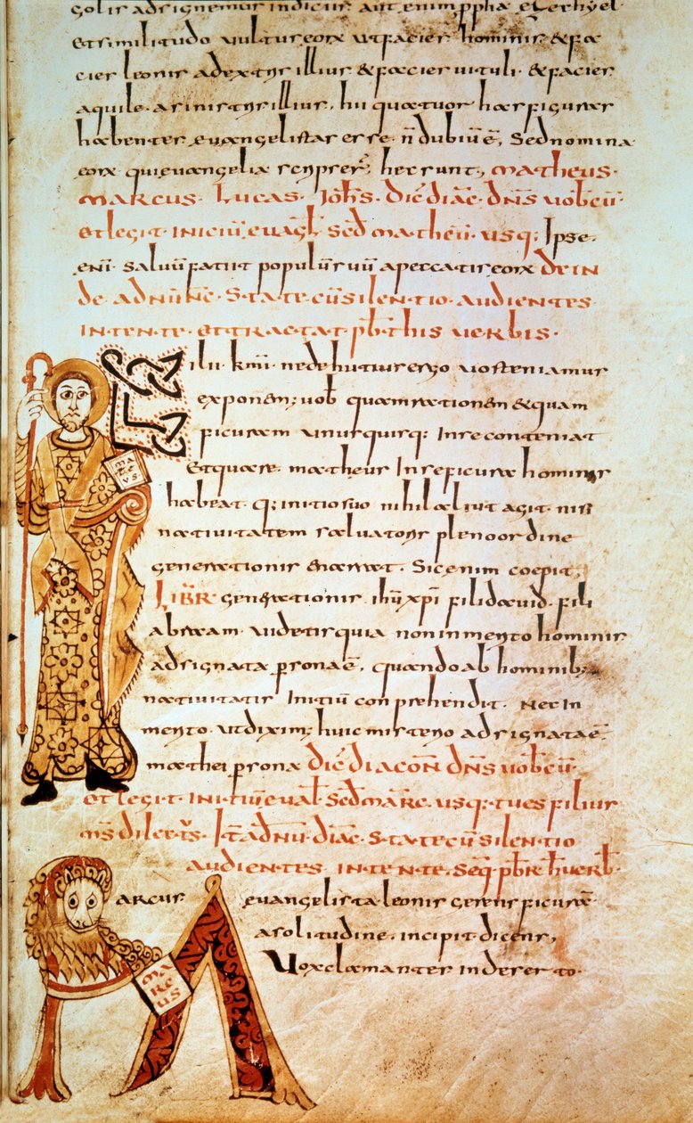 Sankt Matteus; bokstaven M (huvudet för Lejonet av Sankt Markus). Sida i "" Sacramentary of Gellone", folio 42. Upplyst av David, v. 790, Frankrike, Meaux eller Cambrai. BN, Paris av School Merovingian