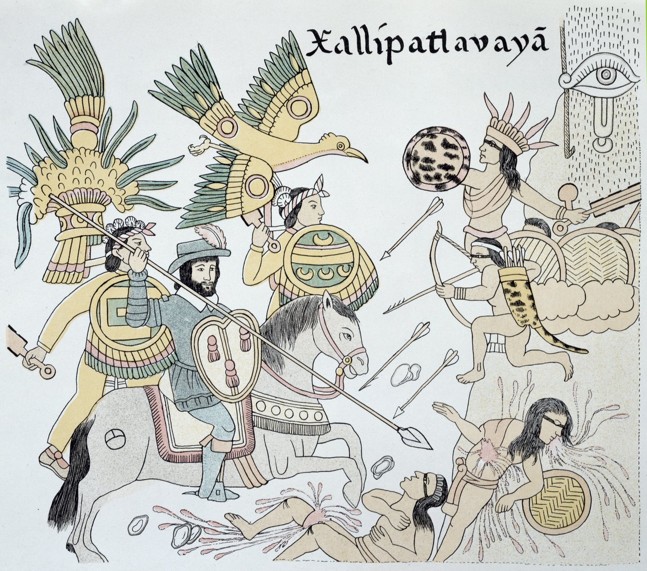 Strid mellan spanjorer och azteker vid slaget vid Xallipatlavaya, illustration från en faksimil av en mexikansk indiansk bildhistoria "Lienzo de Tlaxcala" från ca 1550 av School Mexican