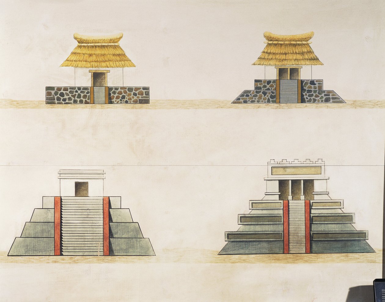 Historisk rekonstruktion av byggnader i Tenochtitlan (färg litho) av School Mexican