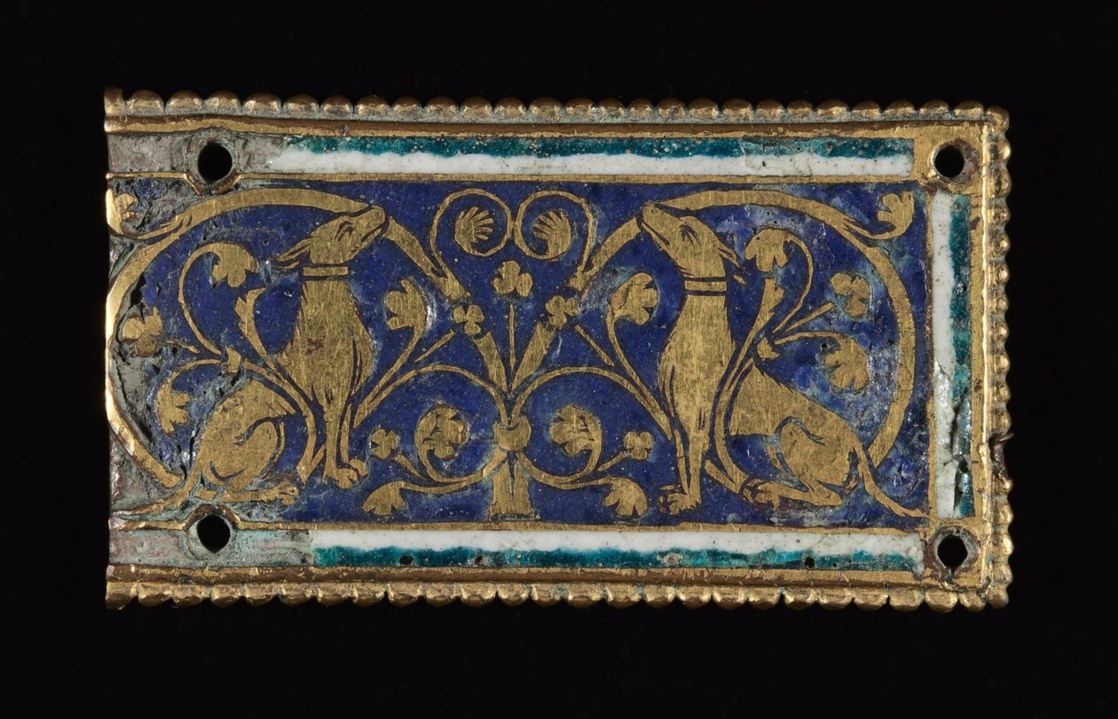 Plack, troligen från en relikvieskrin, ca 1200-1250 (förgylld koppar, champlevéemalj) av School Mosan