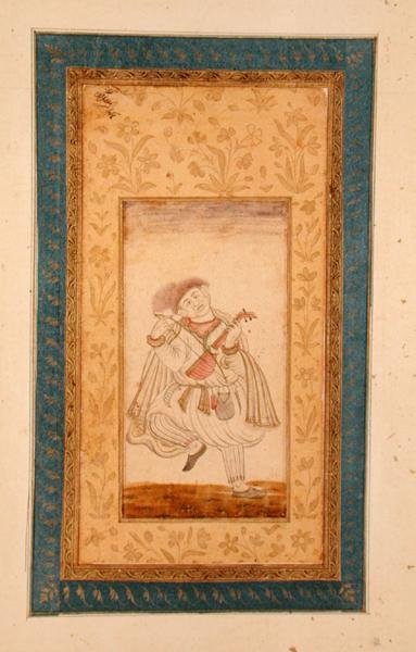 En dansande Sarangi-spelare, musiker från Mughal-domstolen, från Large Clive Album (tonad teckning) av School Mughal