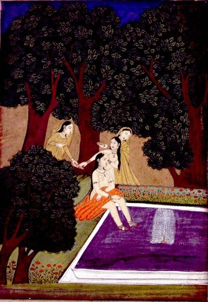 En dam vid en pool, Johnson Album IX, nr 16, ca 1780 (gouache med guld på papper) av School Mughal