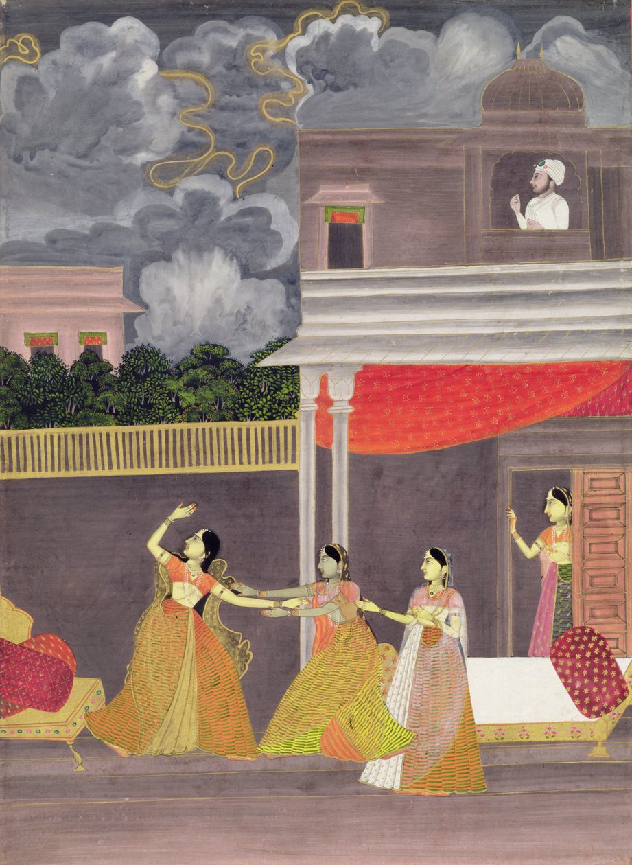 En dam hämtad från en storm på natten: illustration från musikläget Madhu Madhavi, ca 1760 (gouache på papper) av School Mughal