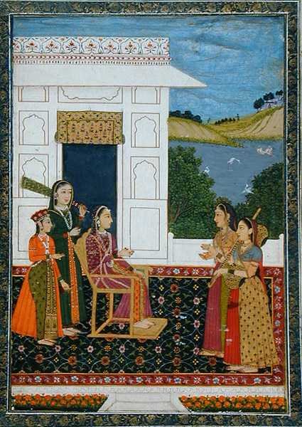 En dam med skötare på en terrass, från Small Clive Album (ogenomskinlig akvarell på papper) av School Mughal