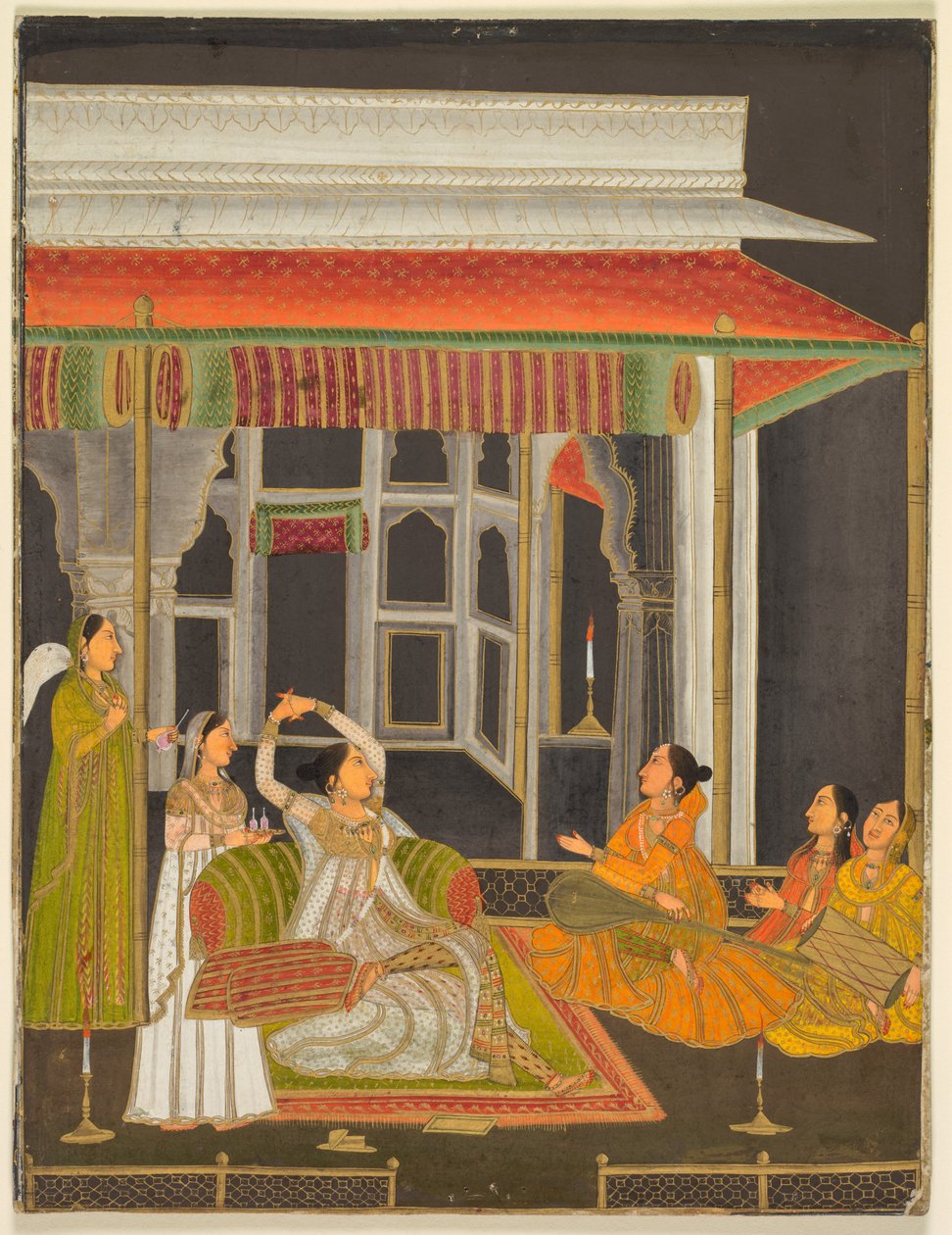 En prinsessa på en terrass med följeslagare på natten (recto); Kalligrafi (verso), ca 1760 (opak akvarell med guld på papper) av School Mughal
