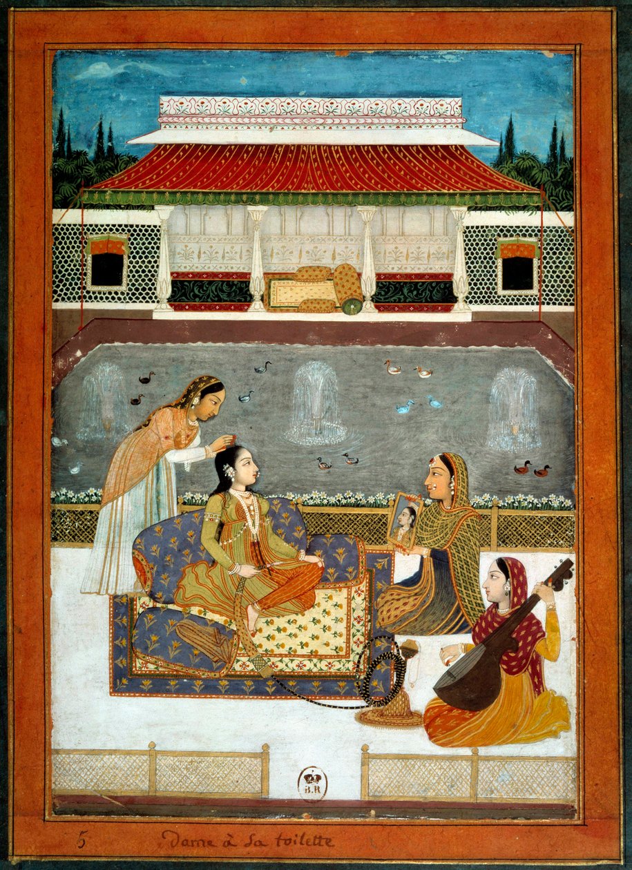 En indisk prinsessa har sin miniatyrtoalett från Mughole School från 1740. av School Mughal