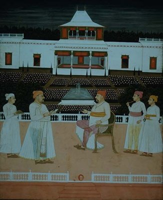 Hazan Riza presenterar en bön till Nawab av Oudhaa i en Mughal-trädgård av School Mughal