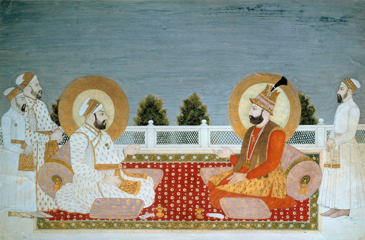 Indisk konst: "" Representation of Mohammed Shah (1702-1748) Indian Emperor and Nadir Shah (1688-1747), Shah of Iran"" Miniature of the Mughole School, Muhammad Shah (1526-1858 A.D.), Sun. 0,21x0,31 m - Paris, Musee Guimet, Musee national des Arts Asians - av School Mughal