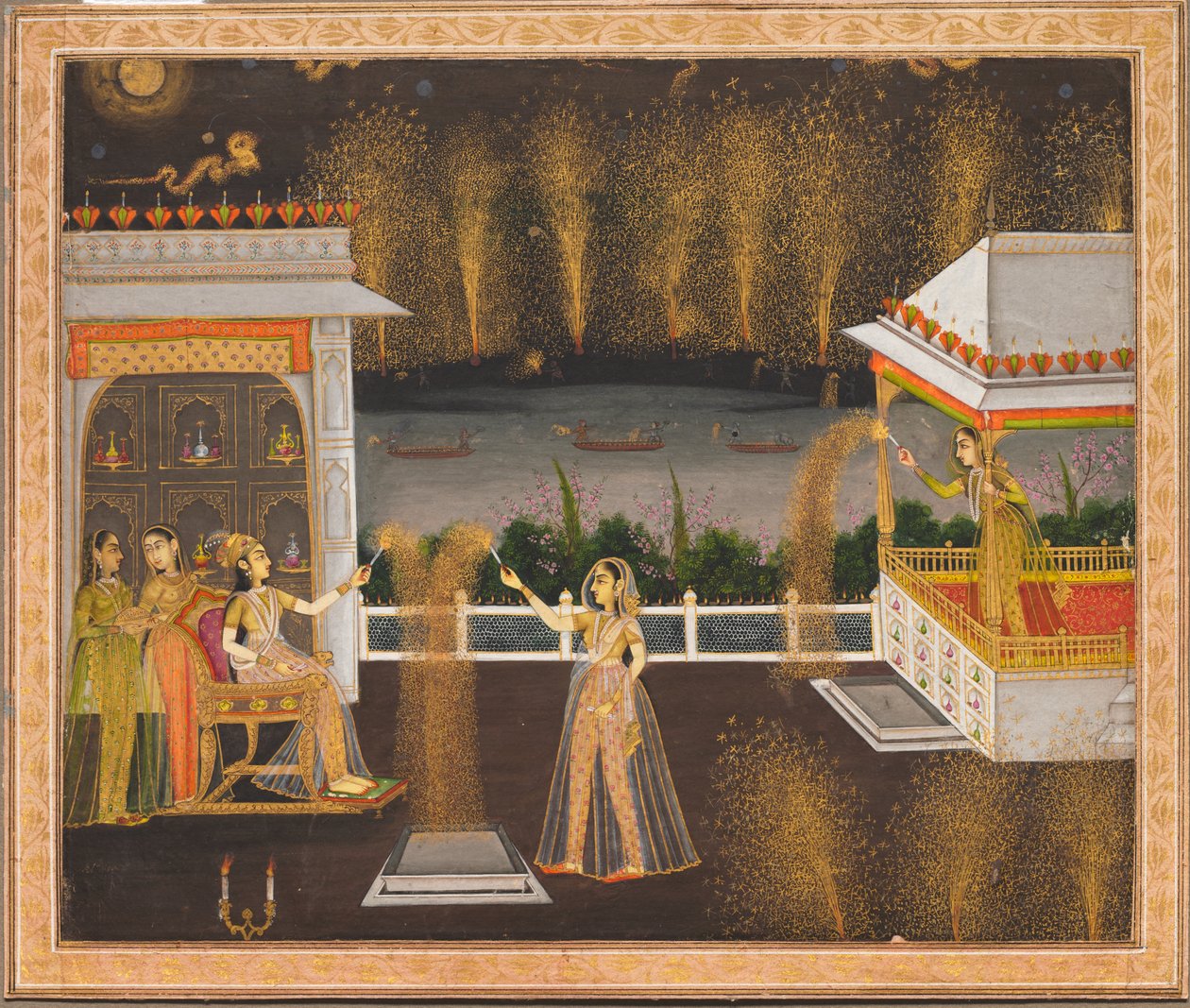 Damer firar Diwali, ca 1760 (täckande akvarell och guld på papper) av School Mughal