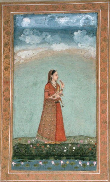 Dam som håller en skål med rosenblommor, från Small Clive Album (ogenomskinlig akvarell på papper) av School Mughal