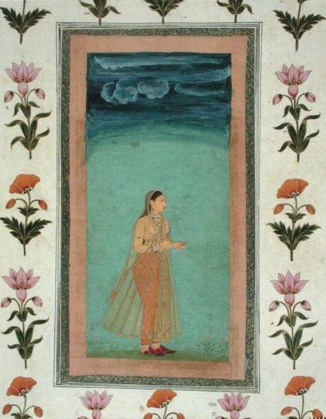 Dam som håller en blomma, från Small Clive Album (ogenomskinlig akvarell på papper) av School Mughal