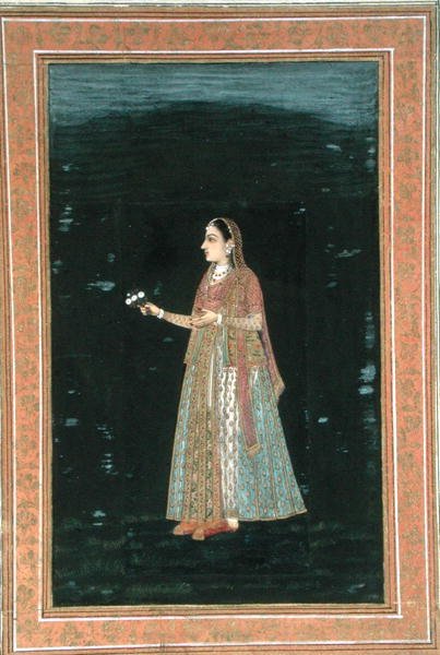 Dam som håller blommor, från Small Clive Album (ogenomskinlig akvarell på papper) av School Mughal