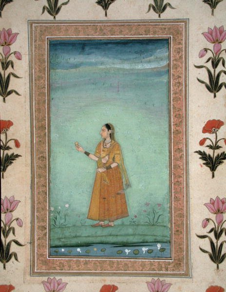 Dam som håller frukt, stående vid en liljedamm, från Small Clive Album, c.1600 (ogenomskinlig akvarell på papper) av School Mughal
