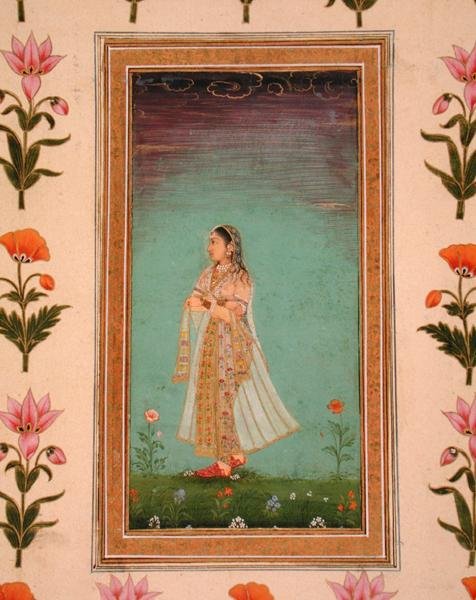 Dam som går genom blommor, från Small Clive Album (ogenomskinlig akvarell på papper) av School Mughal