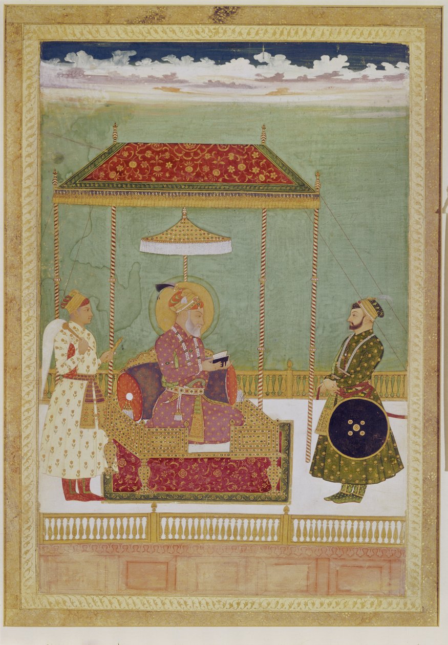 Porträtt av Shah Aurangzeb med en man, möjligen Ashraf Khan, tidigt 1700-tal (Ogenomskinlig akvarell, bläck och guld på papper) av School Mughal
