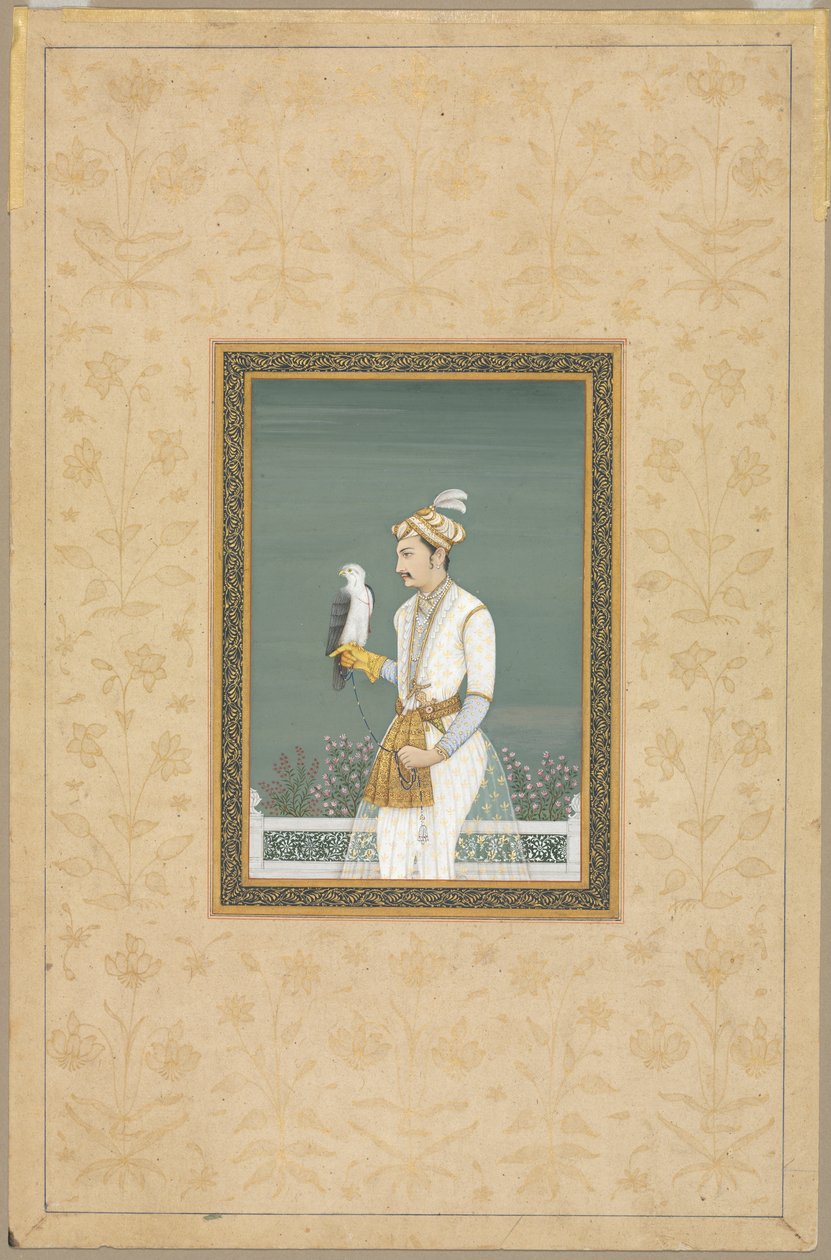 Porträtt av en prins med en hök av School Mughal
